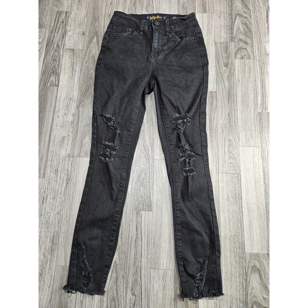 Indigo Rein Jeans Womens 0 Black Distressed Curvy High Rise Raw Hem Skinny Denim